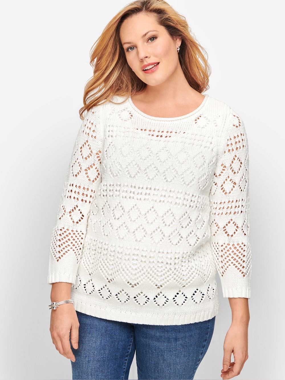 Talbots Pointelle Knit Sweater Women’s Size XL Open knit Layering Ivory Boho